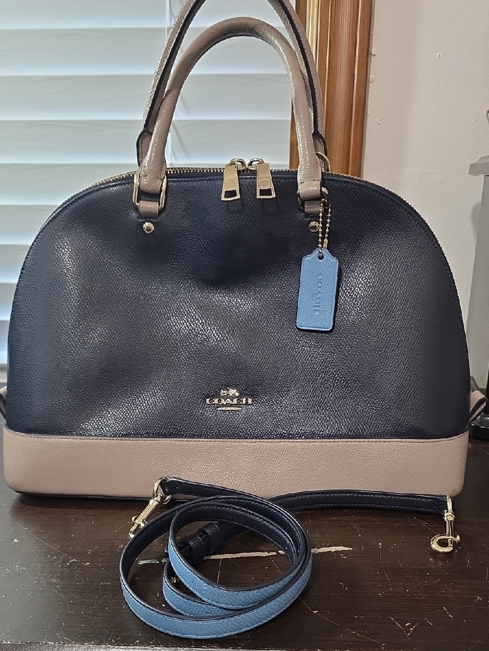 Coach Navy and Beige Dome Satchel with Light Blue Tag and Strap